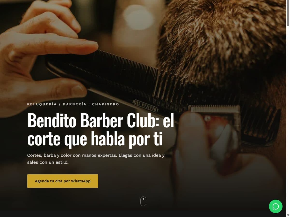Página web real de Bendito Barber Club, abierta en el navegador